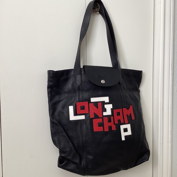 Longchamp Large Le Pliage Logo Leather Tote in Black - Picture 3 of 3